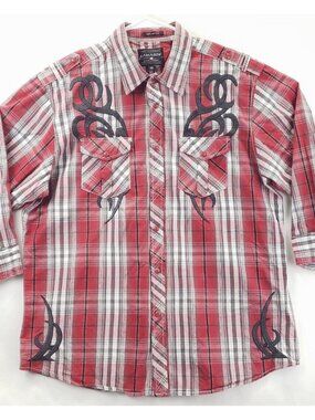 Lamasini Shirt Men 2XL Red Gray Plaid 3/4 Sleeve Embroidered Classic Pearl Snap